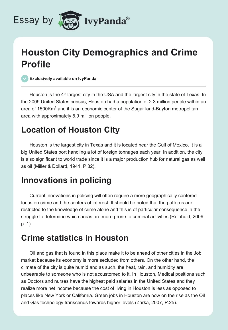 Houston City Demographics and Crime Profile. Page 1