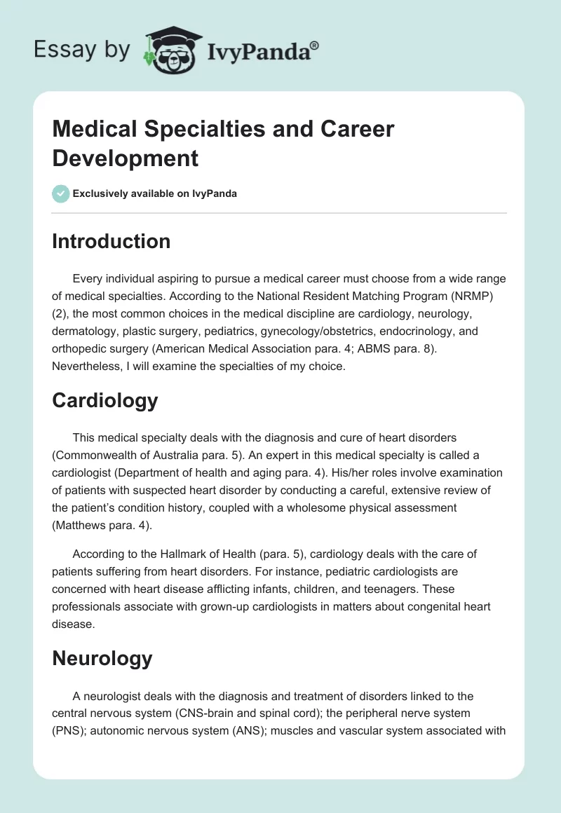 Medical Specialties and Career Development. Page 1