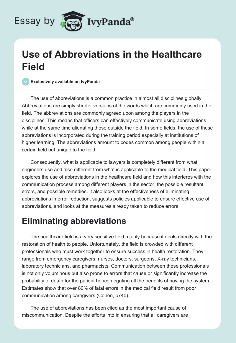 Use of Abbreviations in the Healthcare Field. Page 1