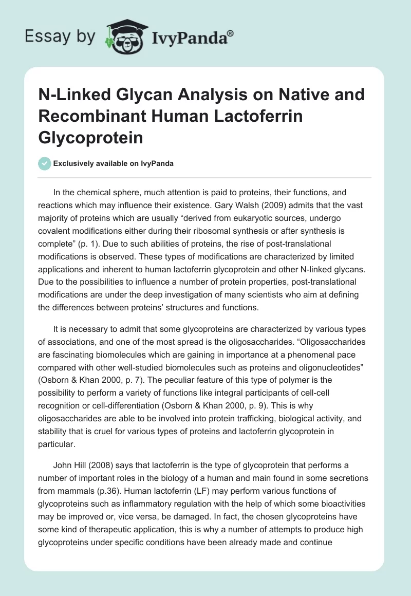 N-Linked Glycan Analysis on Native and Recombinant Human Lactoferrin Glycoprotein. Page 1