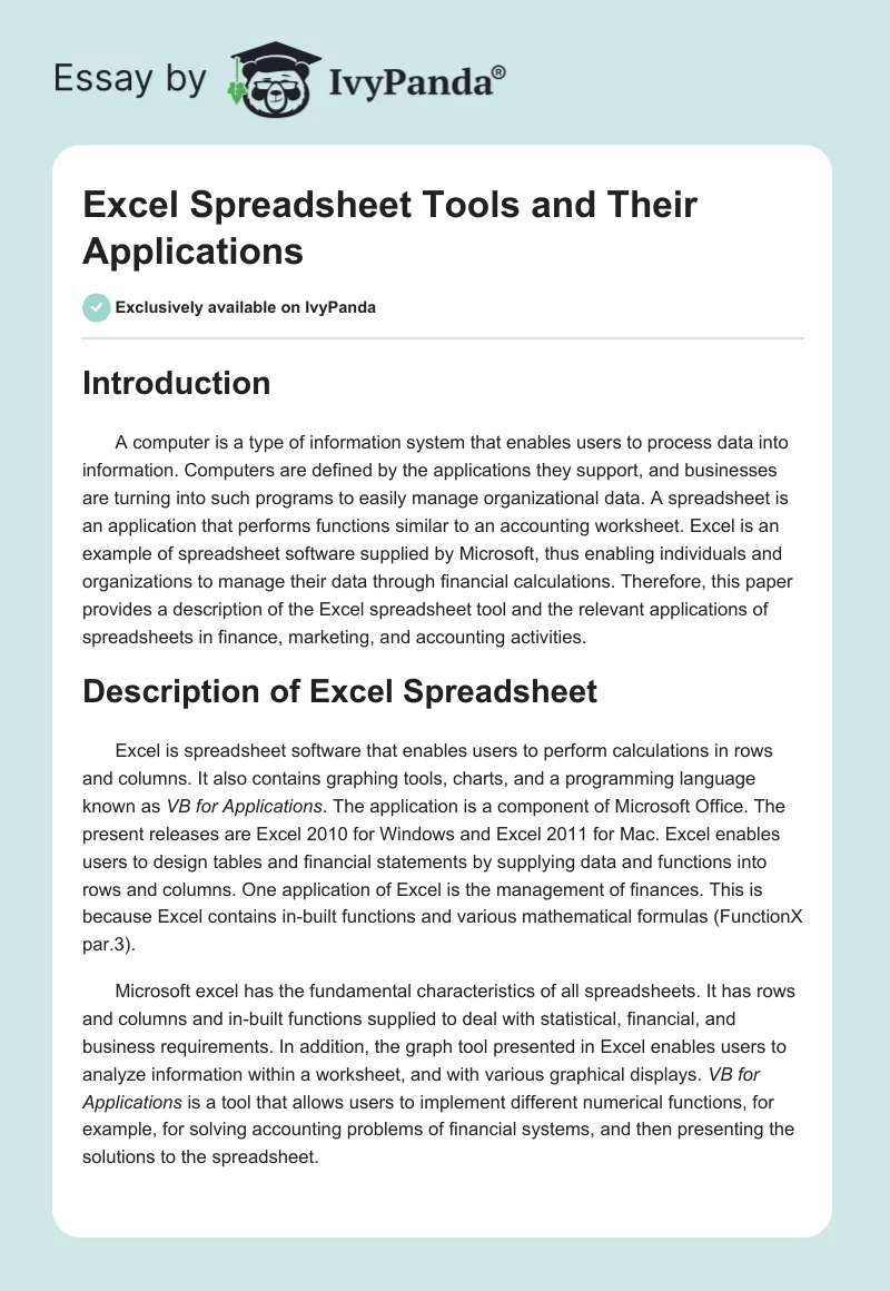 Excel Spreadsheet Tools and Their Applications. Page 1