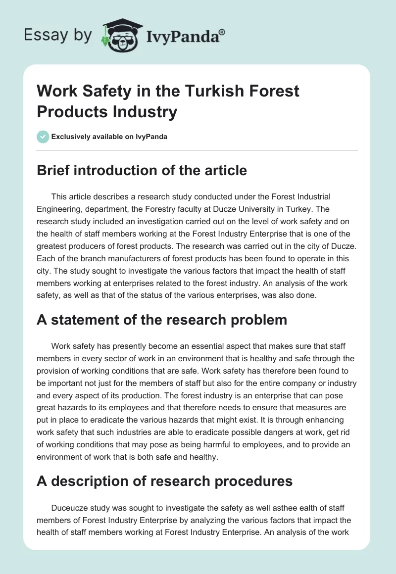 Work Safety in the Turkish Forest Products Industry. Page 1