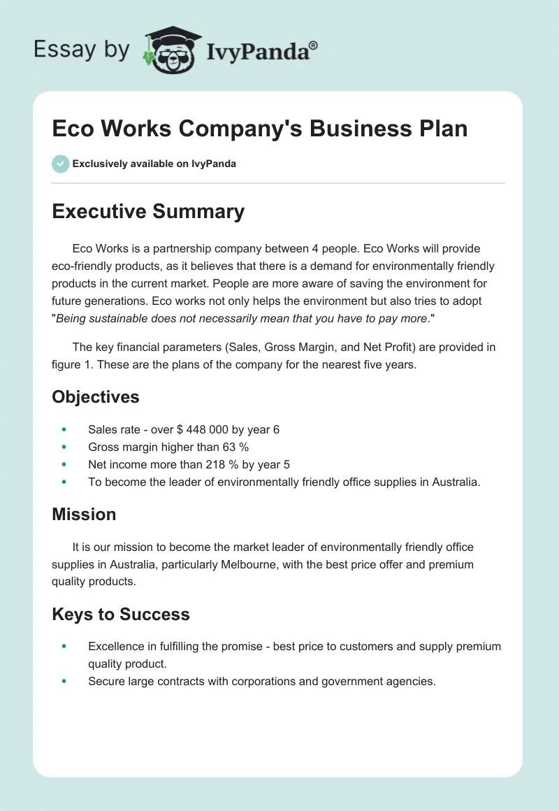 Eco Works Company's Business Plan. Page 1