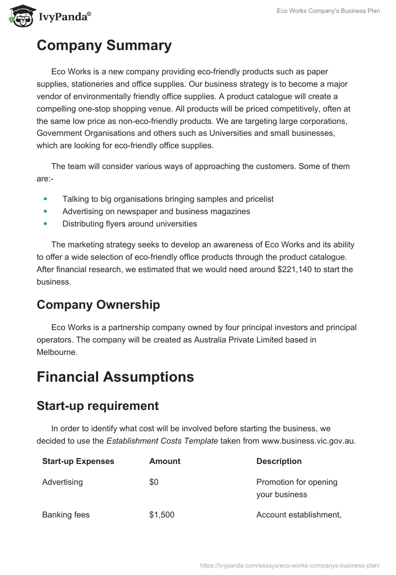 Eco Works Company's Business Plan. Page 2
