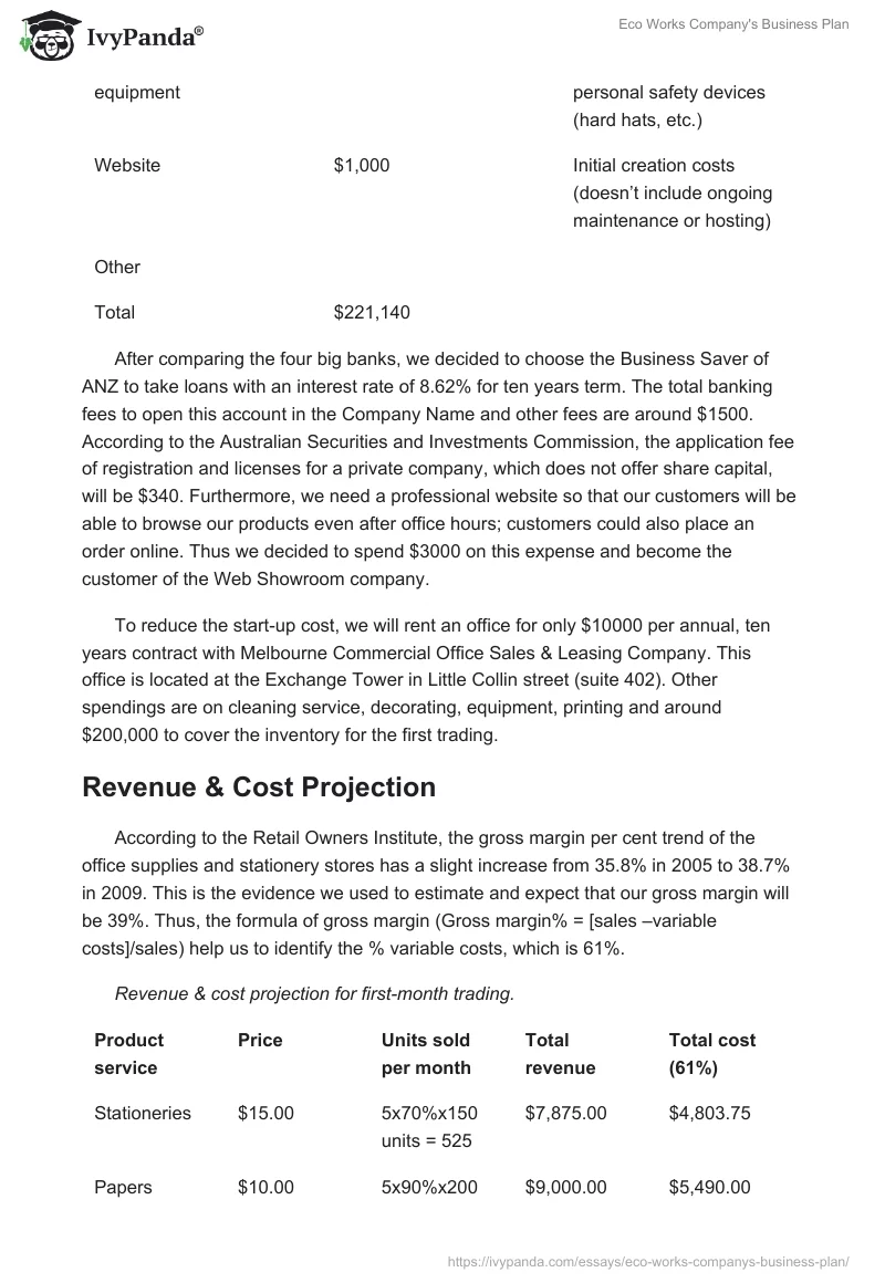 Eco Works Company's Business Plan. Page 4
