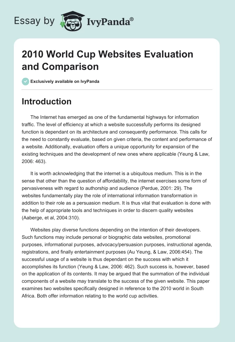 2010 World Cup Websites Evaluation and Comparison. Page 1