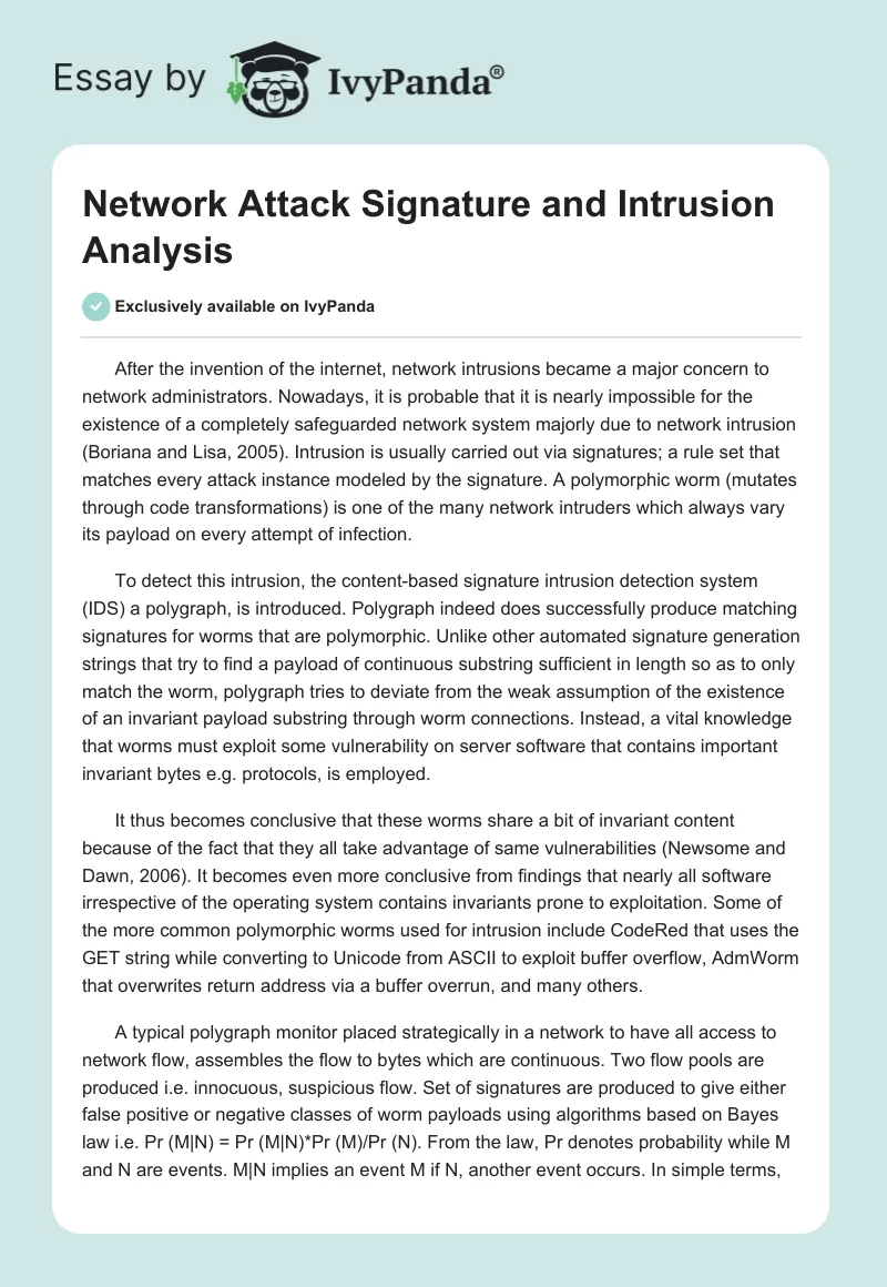 Network Attack Signature and Intrusion Analysis. Page 1