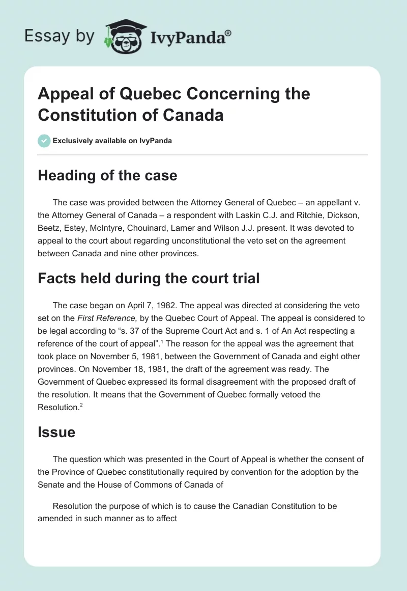Appeal of Quebec Concerning the Constitution of Canada. Page 1