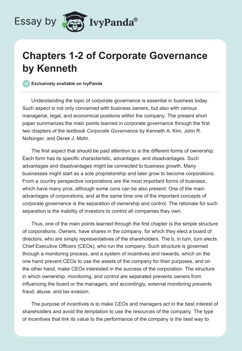 Chapters 1-2 of Corporate Governance by Kenneth. Page 1