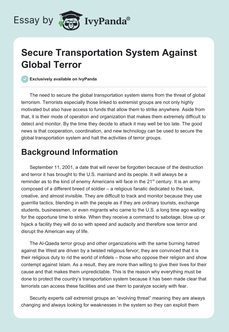 Secure Transportation System Against Global Terror. Page 1