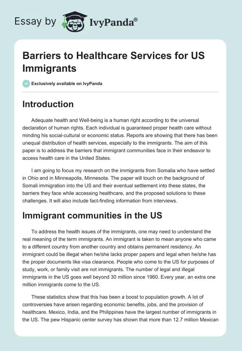 Barriers to Healthcare Services for US Immigrants. Page 1