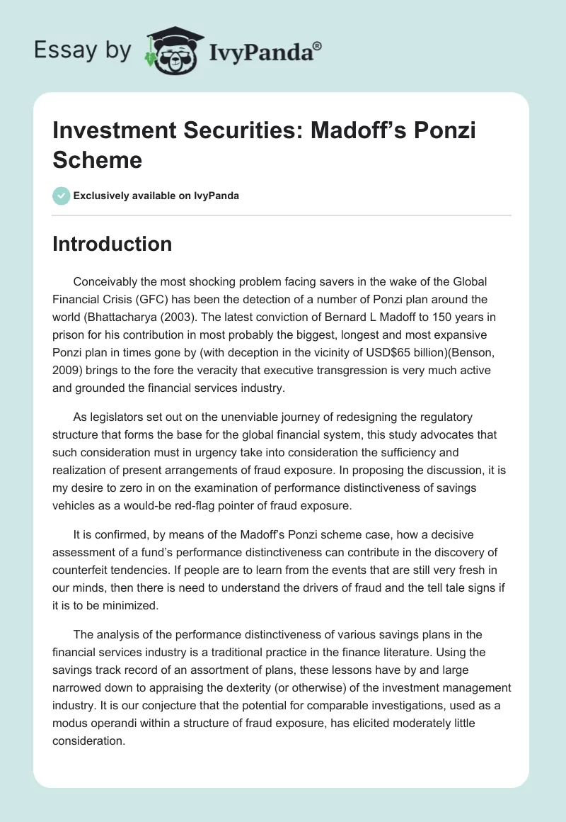 Investment Securities: Madoff’s Ponzi Scheme. Page 1
