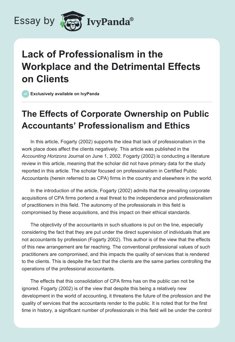 Lack of Professionalism in the Workplace and the Detrimental Effects on Clients. Page 1