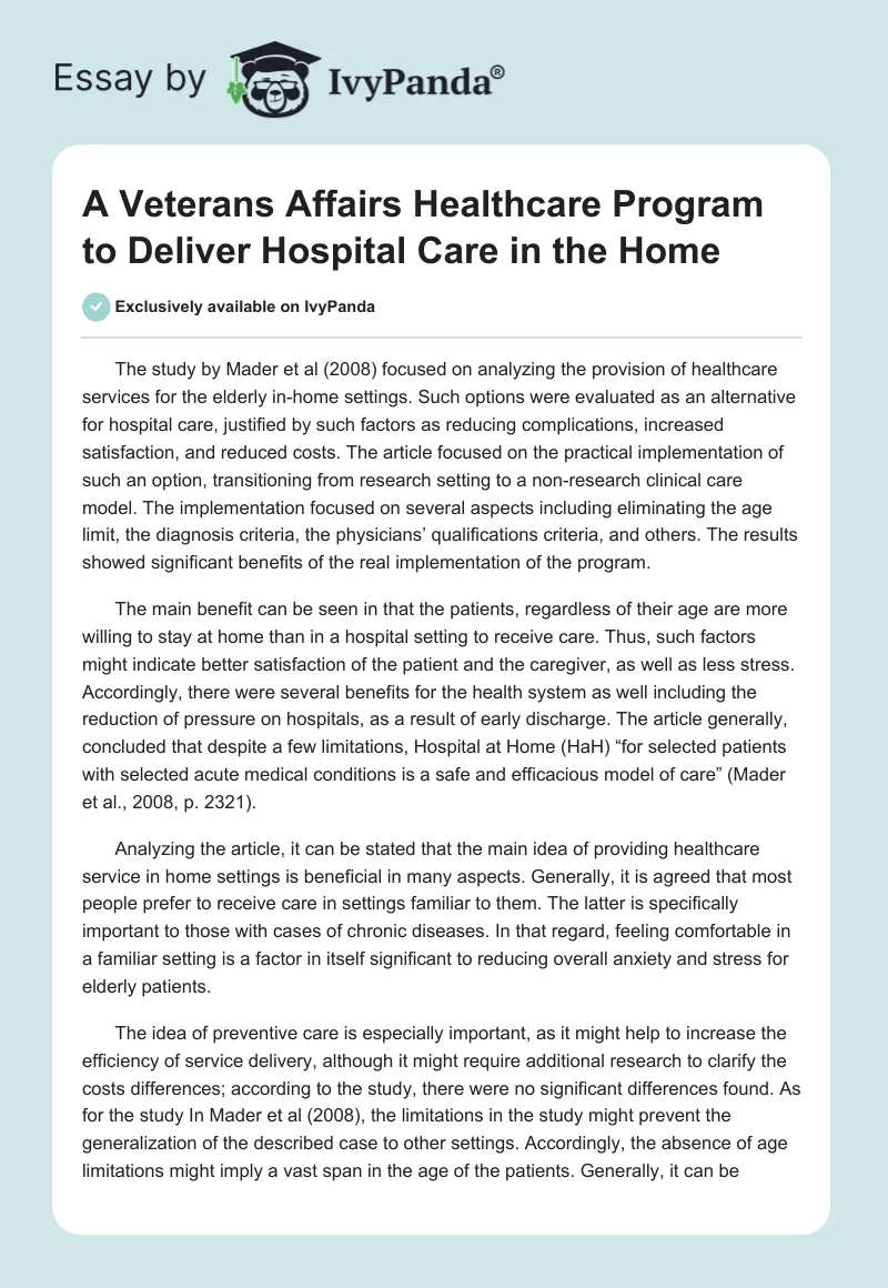 A Veterans Affairs Healthcare Program to Deliver Hospital Care in the Home. Page 1
