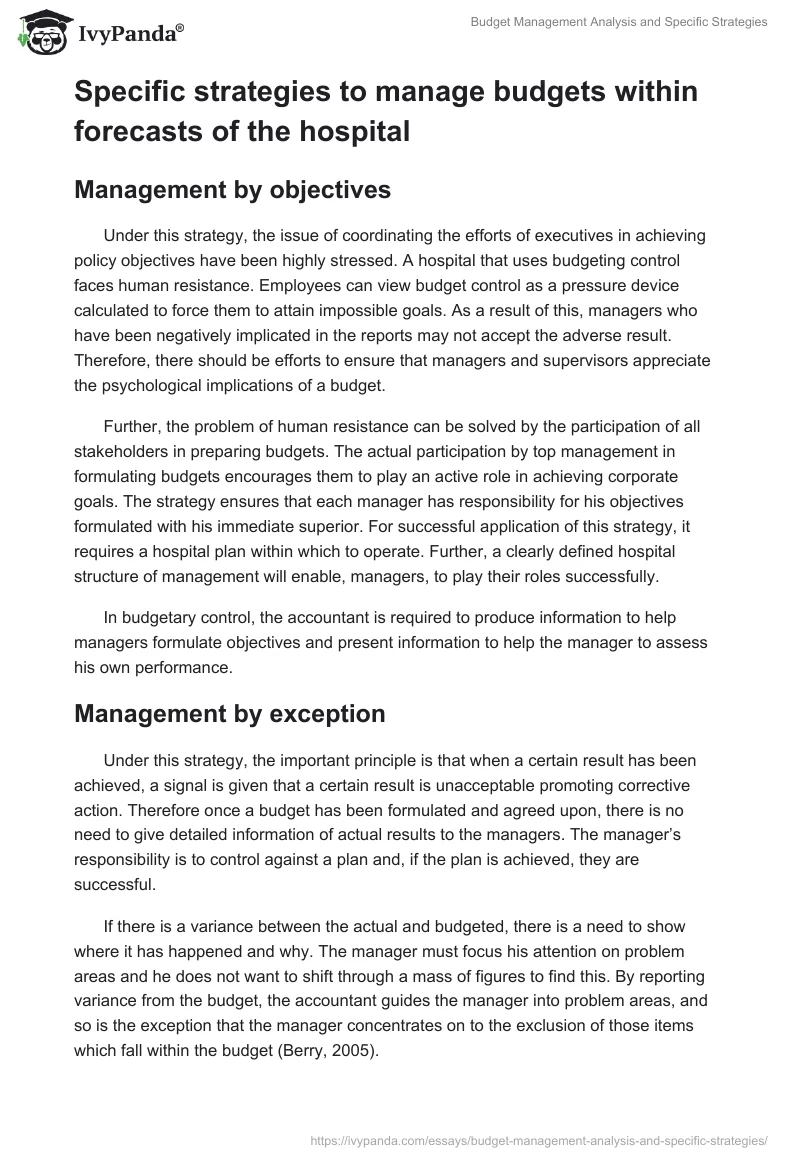 Budget Management Analysis and Specific Strategies. Page 2