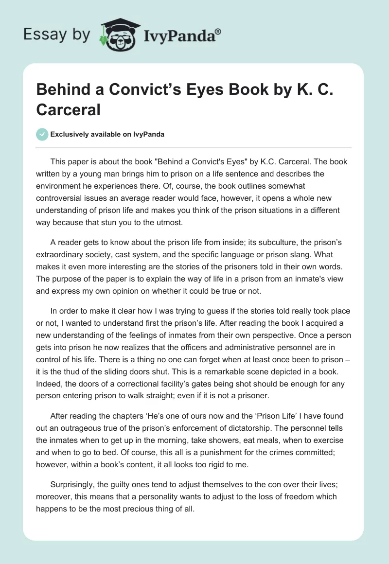 Behind a Convict’s Eyes Book by K. C. Carceral. Page 1