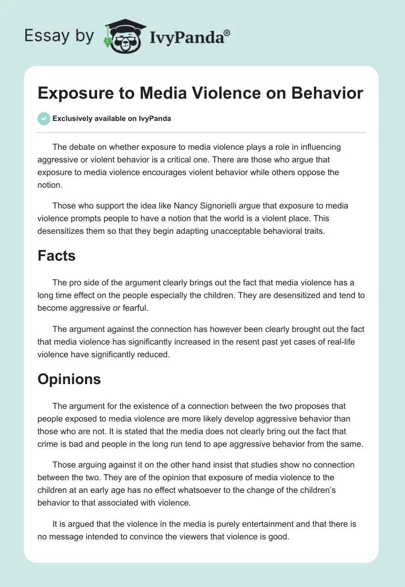 Exposure to Media Violence on Behavior. Page 1