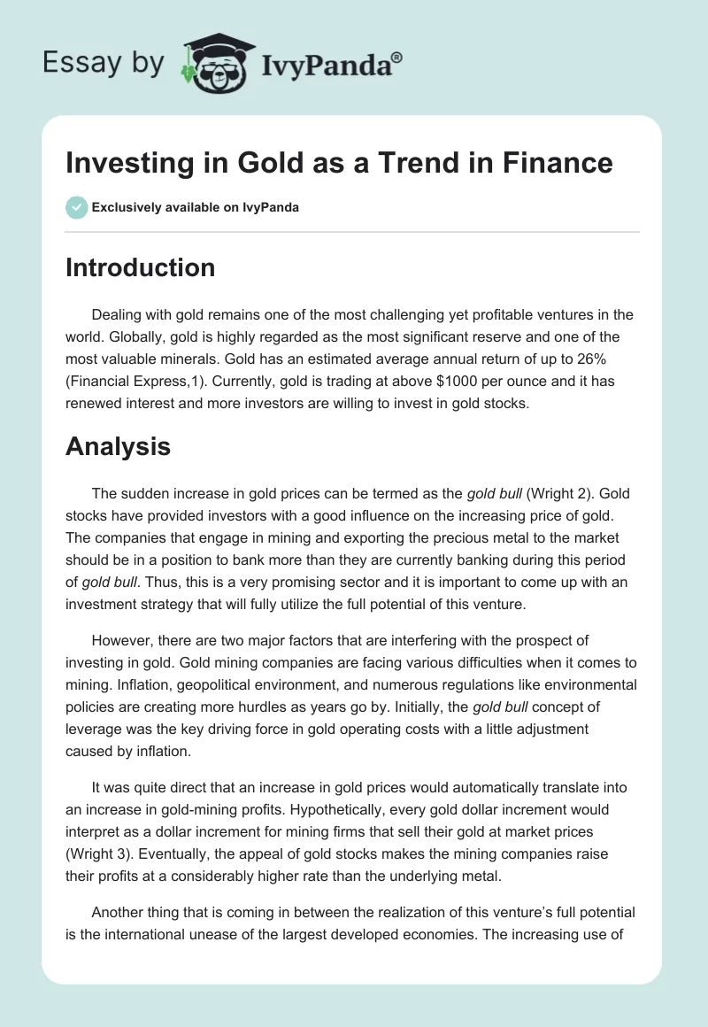 Investing in Gold as a Trend in Finance. Page 1