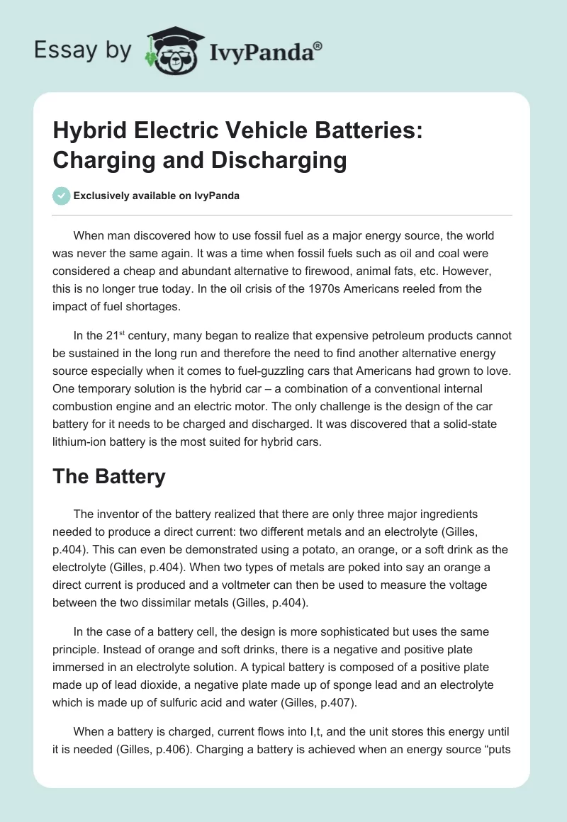Hybrid Electric Vehicle Batteries: Charging and Discharging. Page 1
