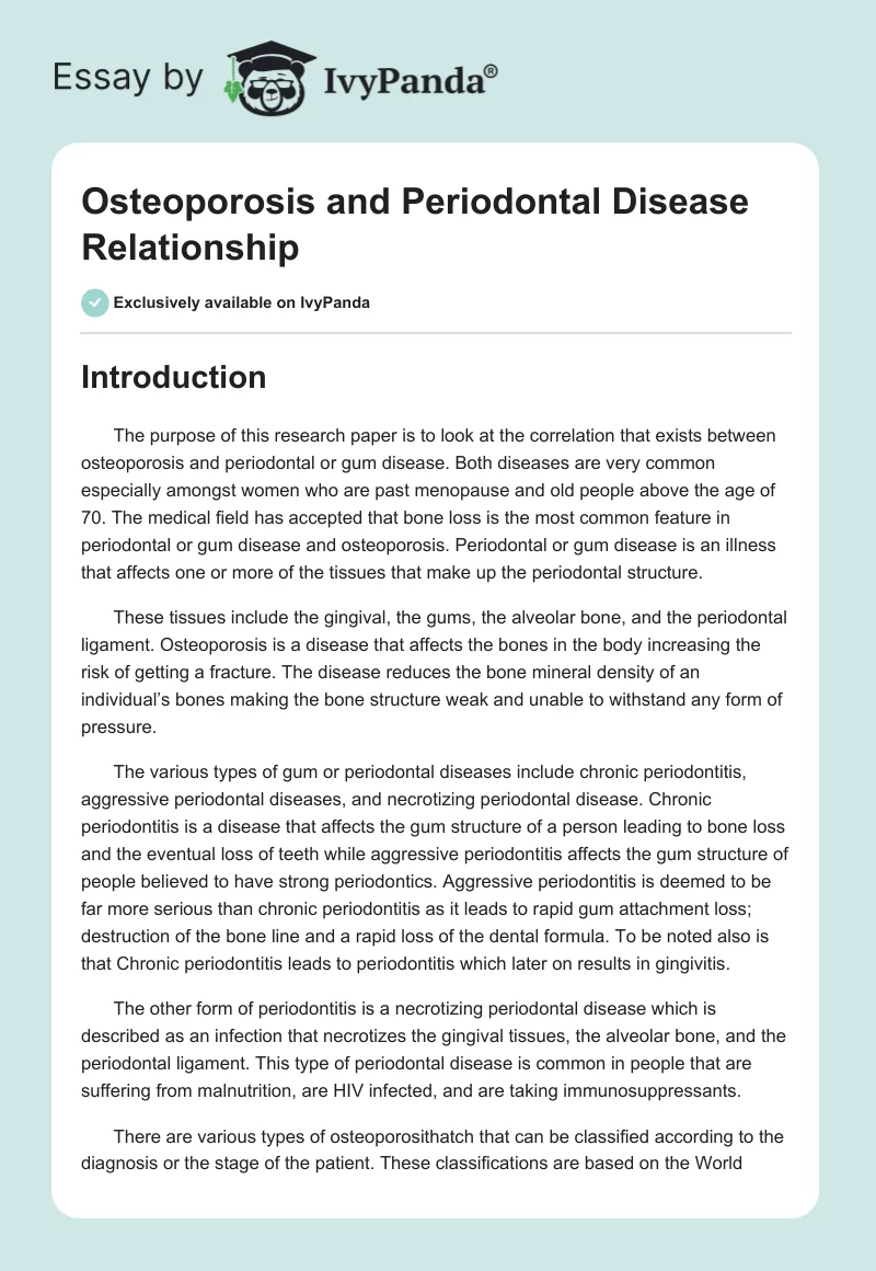 Osteoporosis and Periodontal Disease Relationship. Page 1