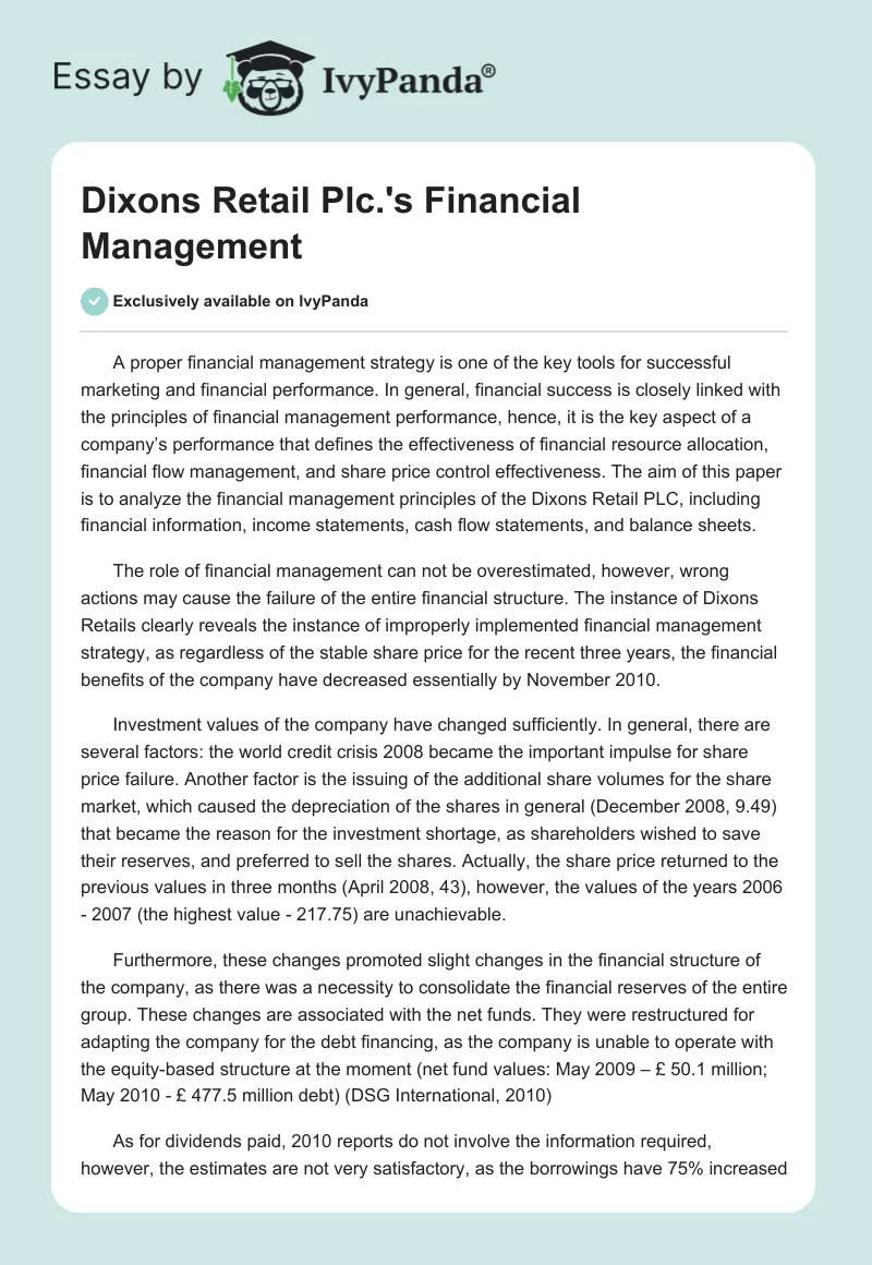 Dixons Retail Plc.'s Financial Management. Page 1