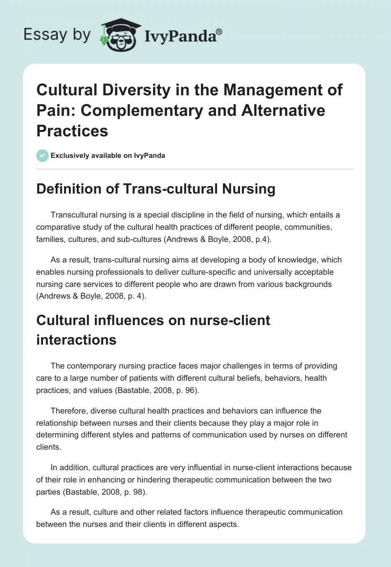 Cultural Diversity in the Management of Pain: Complementary and Alternative Practices. Page 1