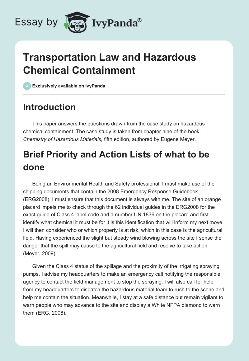 Transportation Law and Hazardous Chemical Containment. Page 1