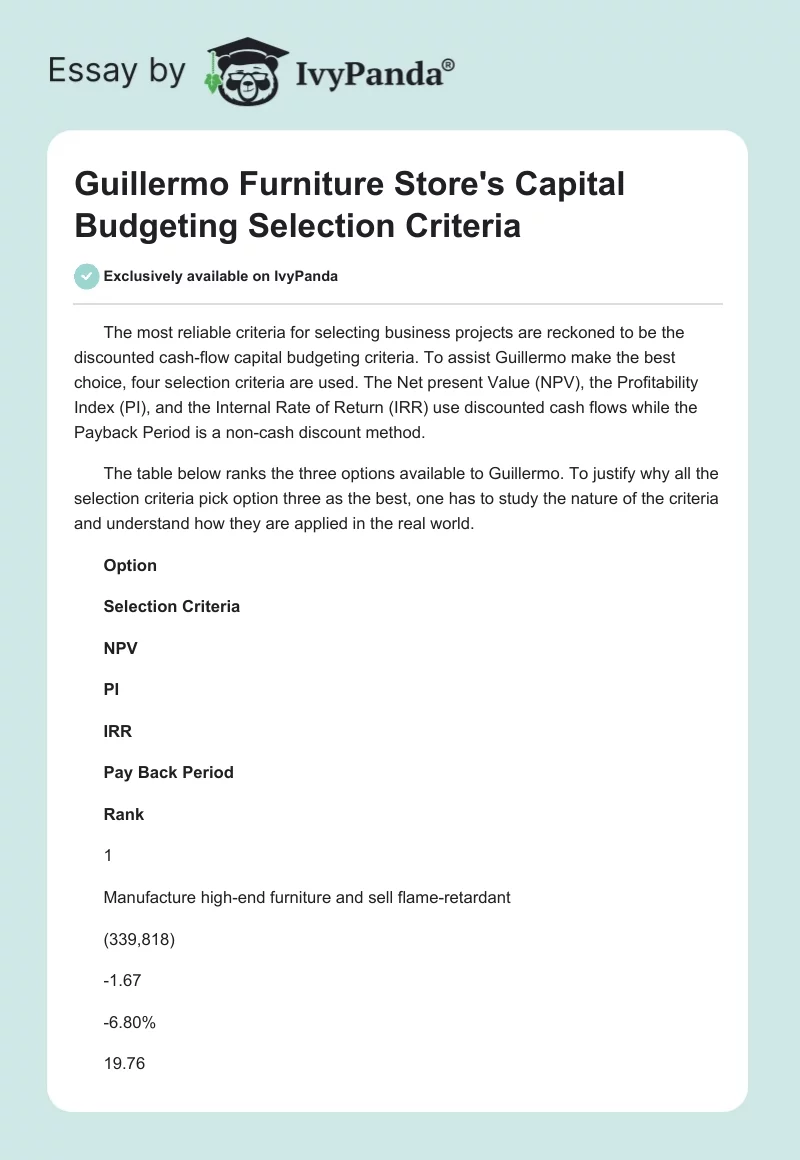 Guillermo Furniture Store's Capital Budgeting Selection Criteria. Page 1