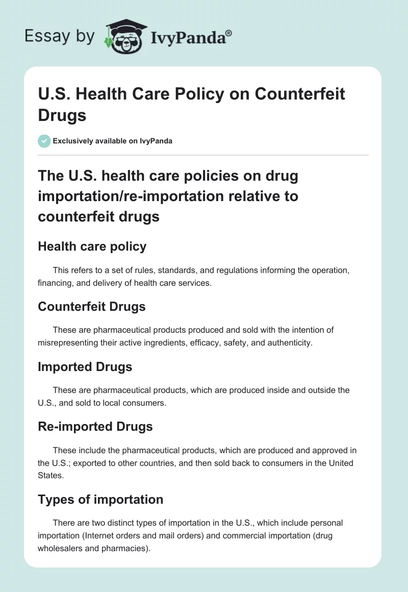 U.S. Health Care Policy on Counterfeit Drugs. Page 1