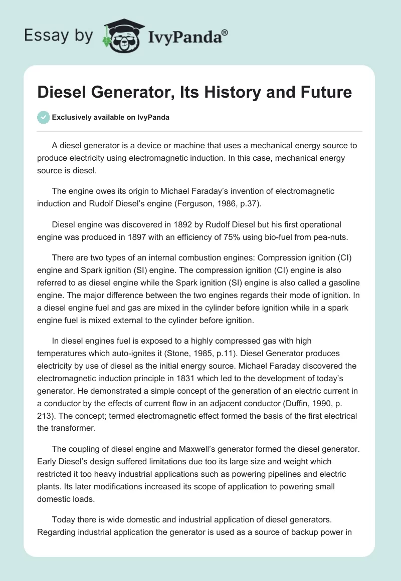 Diesel Generator, Its History and Future. Page 1