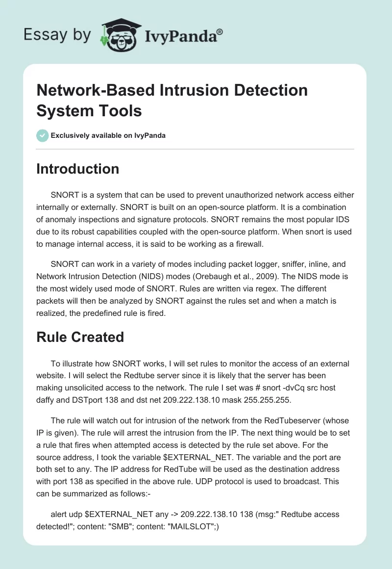Network-Based Intrusion Detection System Tools. Page 1