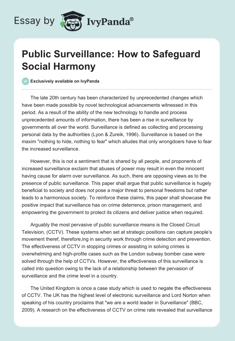 Public Surveillance: How to Safeguard Social Harmony. Page 1