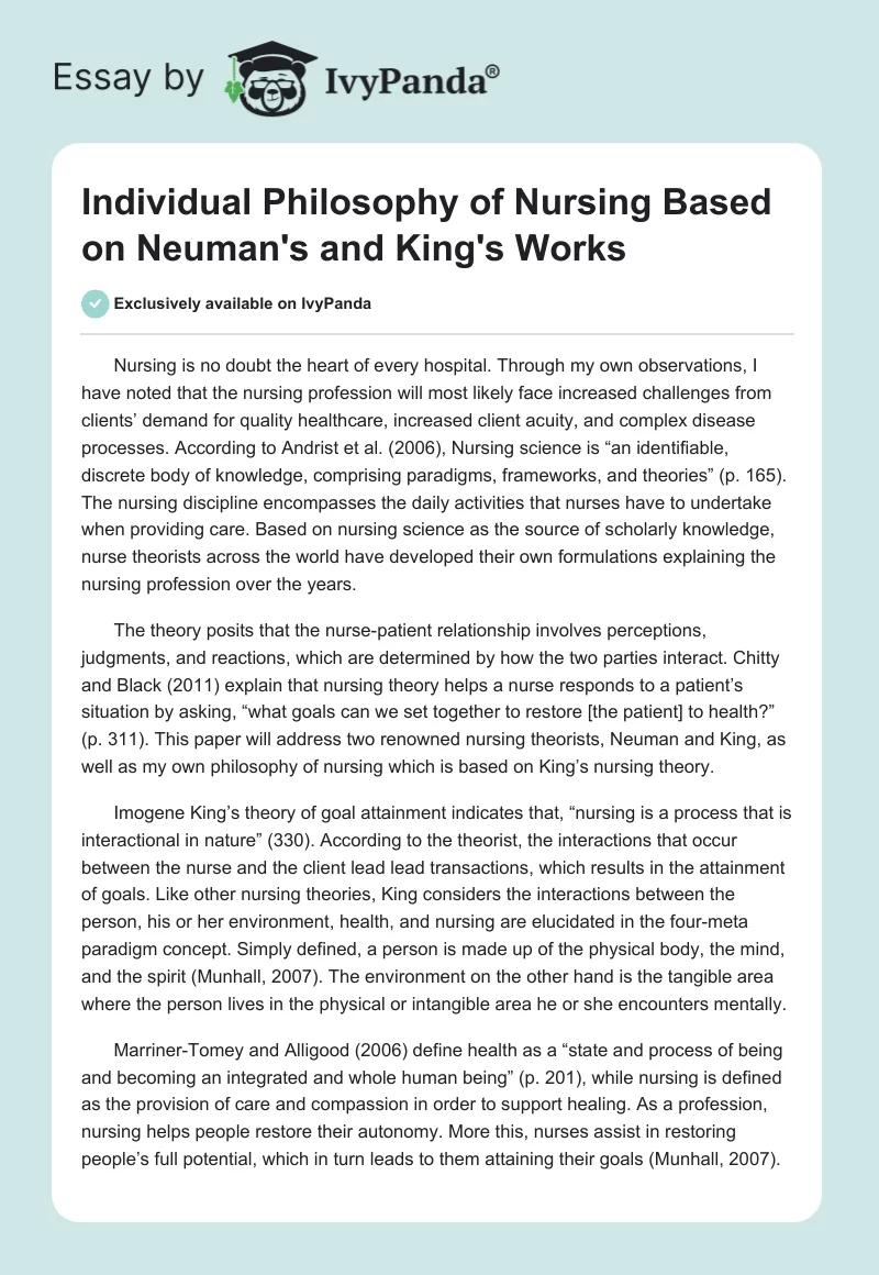 Individual Philosophy of Nursing Based on Neuman's and King's Works. Page 1