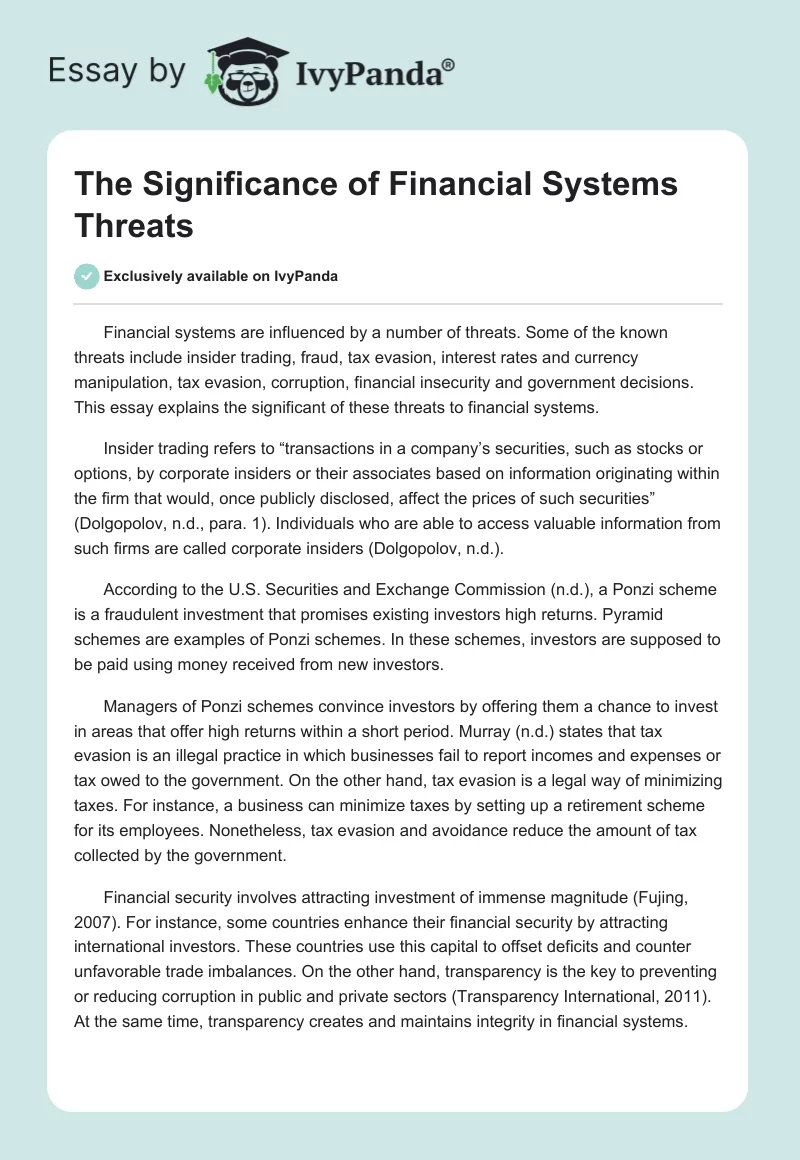 The Significance of Financial Systems Threats. Page 1