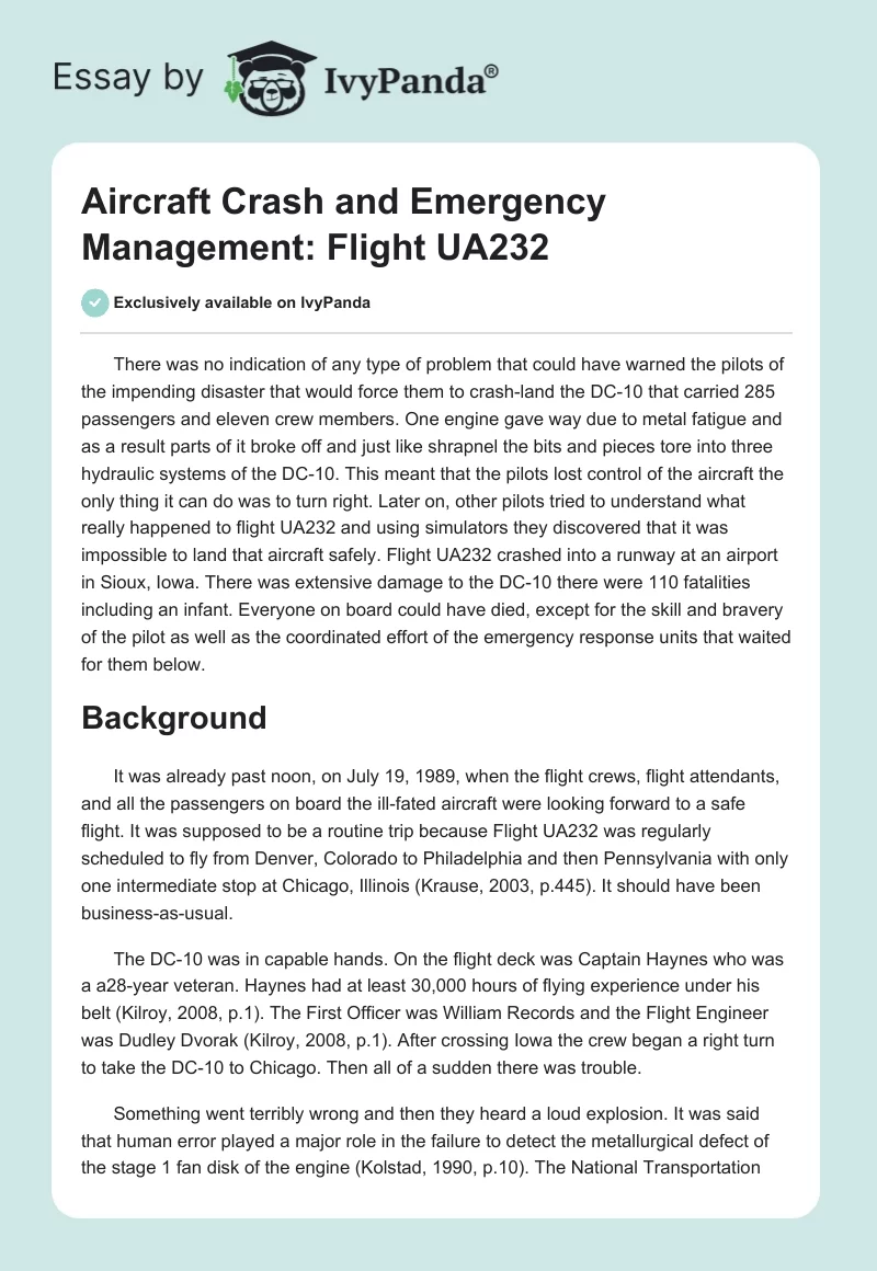 Aircraft Crash and Emergency Management: Flight UA232. Page 1