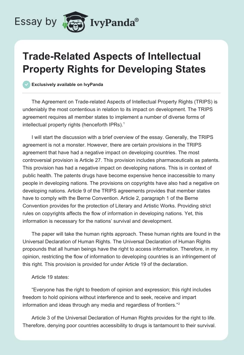 Trade-Related Aspects of Intellectual Property Rights for Developing States. Page 1