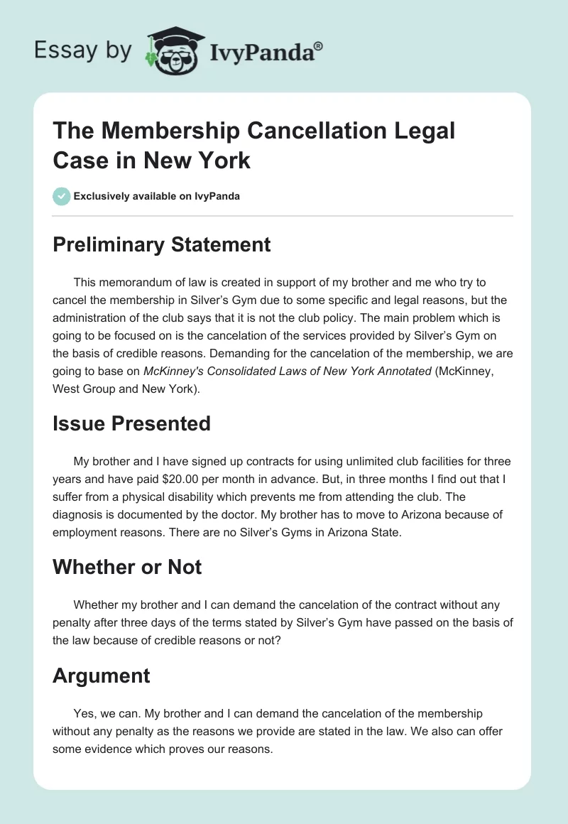The Membership Cancellation Legal Case in New York. Page 1