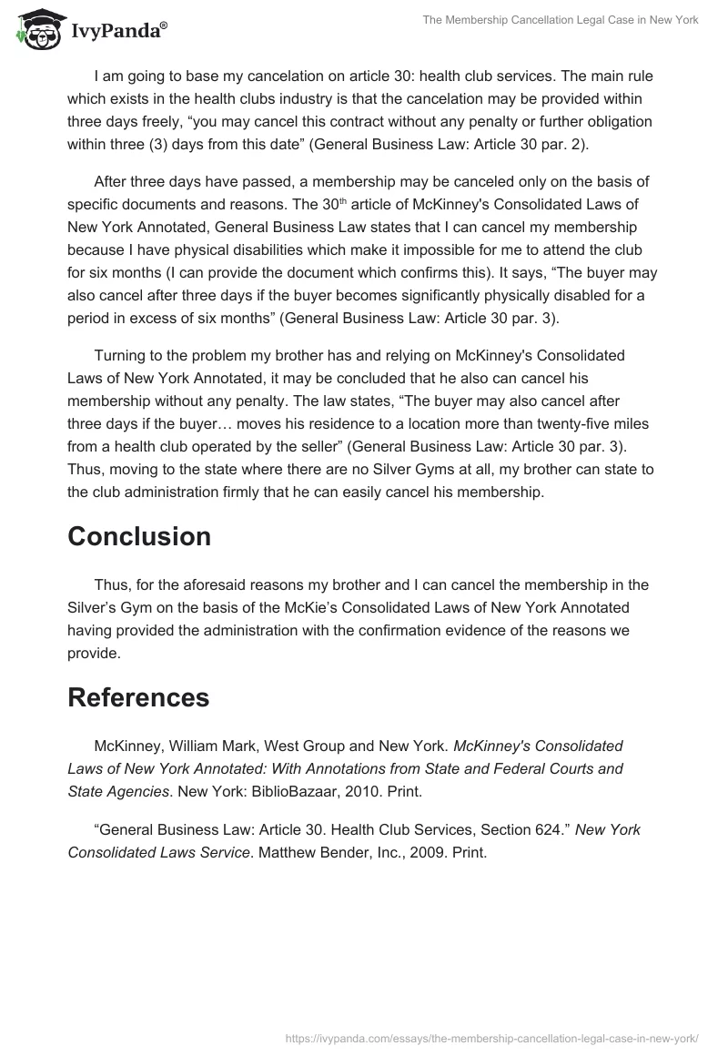 The Membership Cancellation Legal Case in New York. Page 2