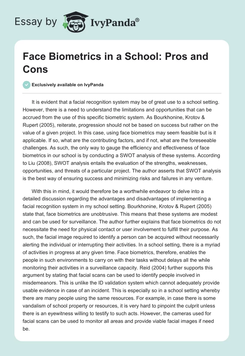 Face Biometrics in a School: Pros and Cons. Page 1