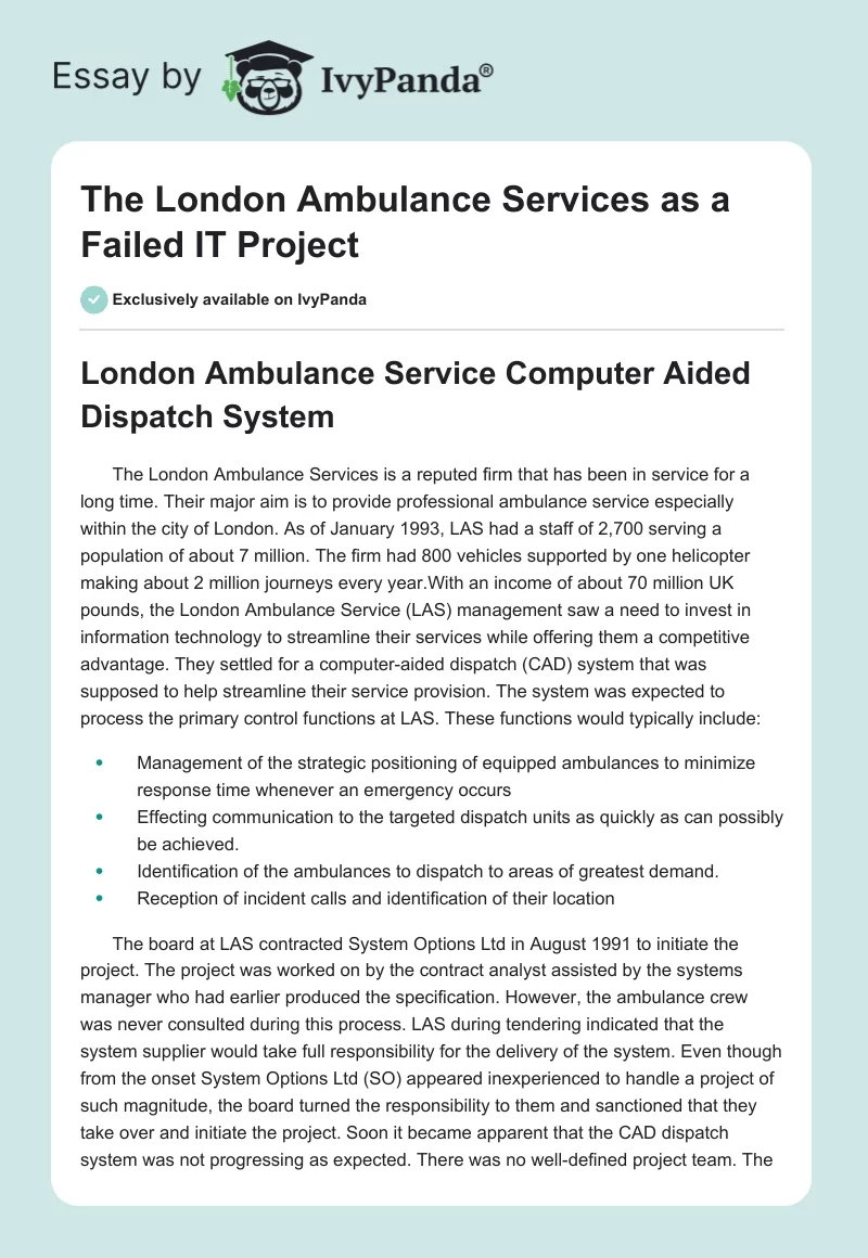 The London Ambulance Services as a Failed IT Project. Page 1