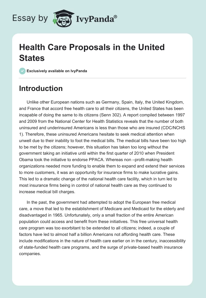 Health Care Proposals in the United States. Page 1
