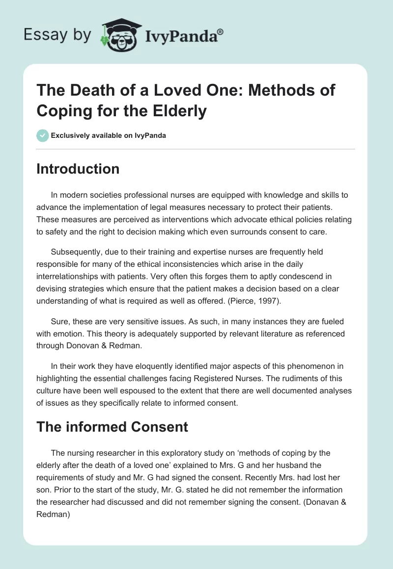 The Death of a Loved One: Methods of Coping for the Elderly. Page 1