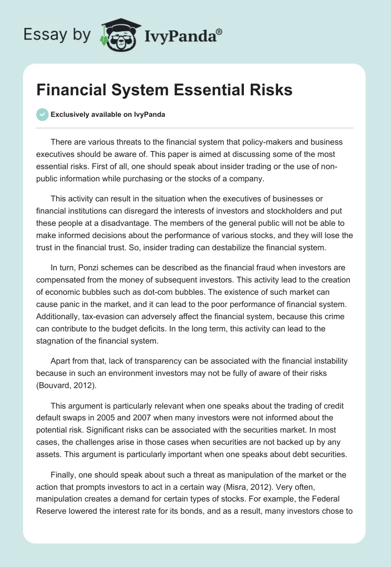Financial System Essential Risks. Page 1