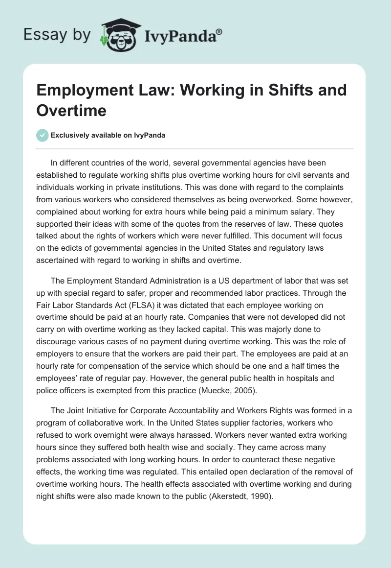 Employment Law: Working in Shifts and Overtime. Page 1