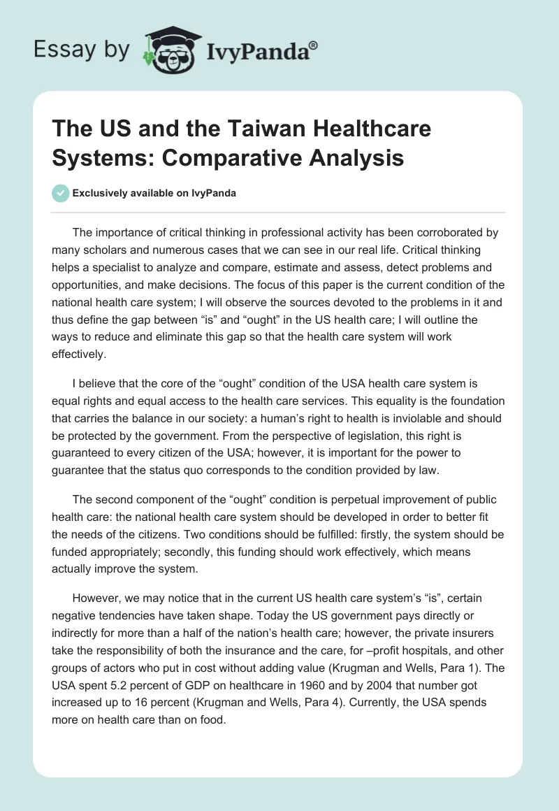 The US and the Taiwan Healthcare Systems: Comparative Analysis. Page 1