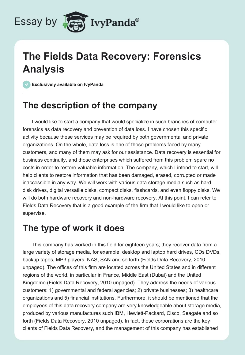 The Fields Data Recovery: Forensics Analysis. Page 1