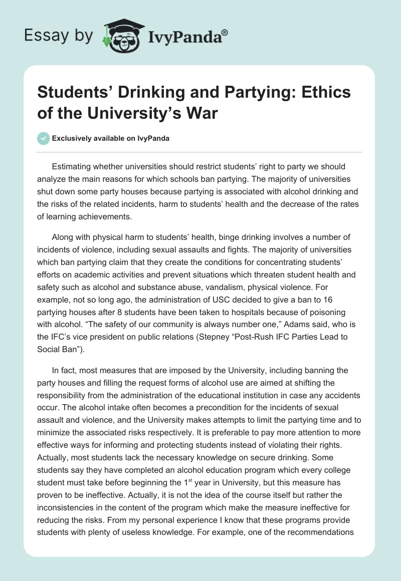 Students’ Drinking and Partying: Ethics of the University’s War. Page 1