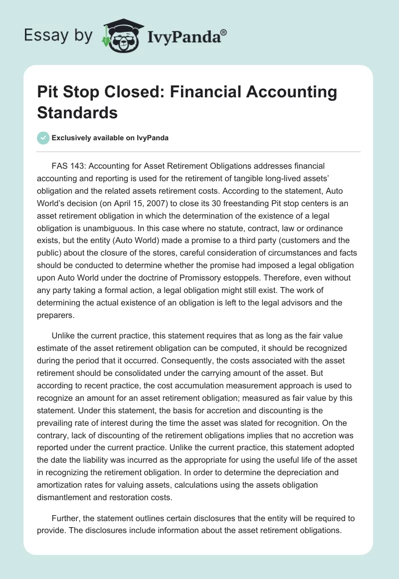 Pit Stop Closed: Financial Accounting Standards. Page 1