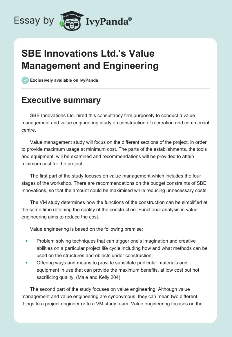 SBE Innovations Ltd.'s Value Management and Engineering. Page 1