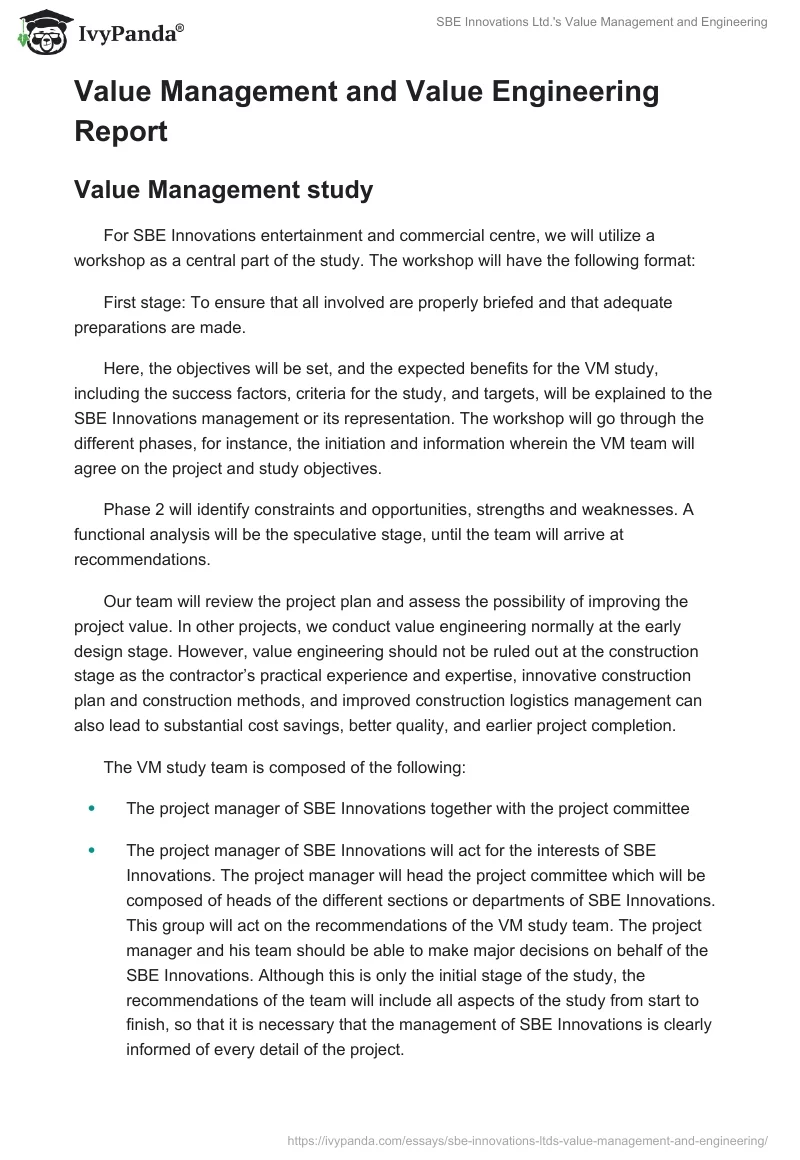 SBE Innovations Ltd.'s Value Management and Engineering. Page 3